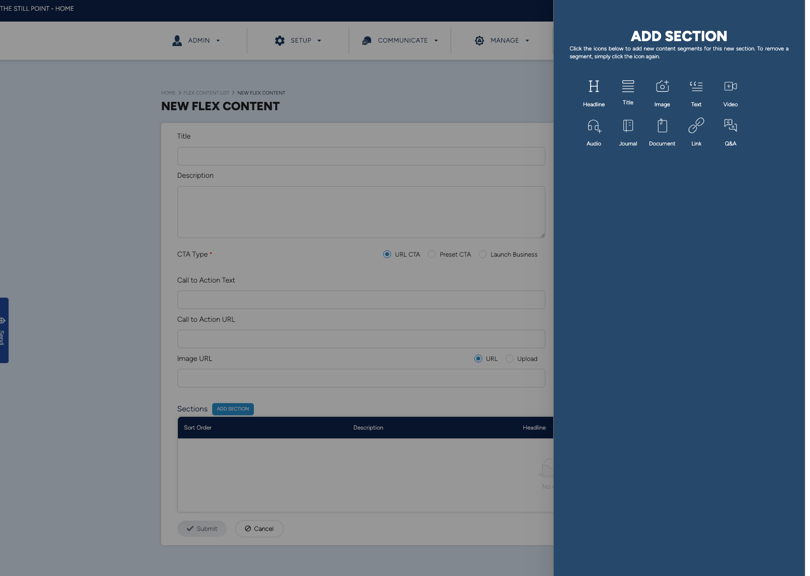 Flex Content interface showing various content type options
