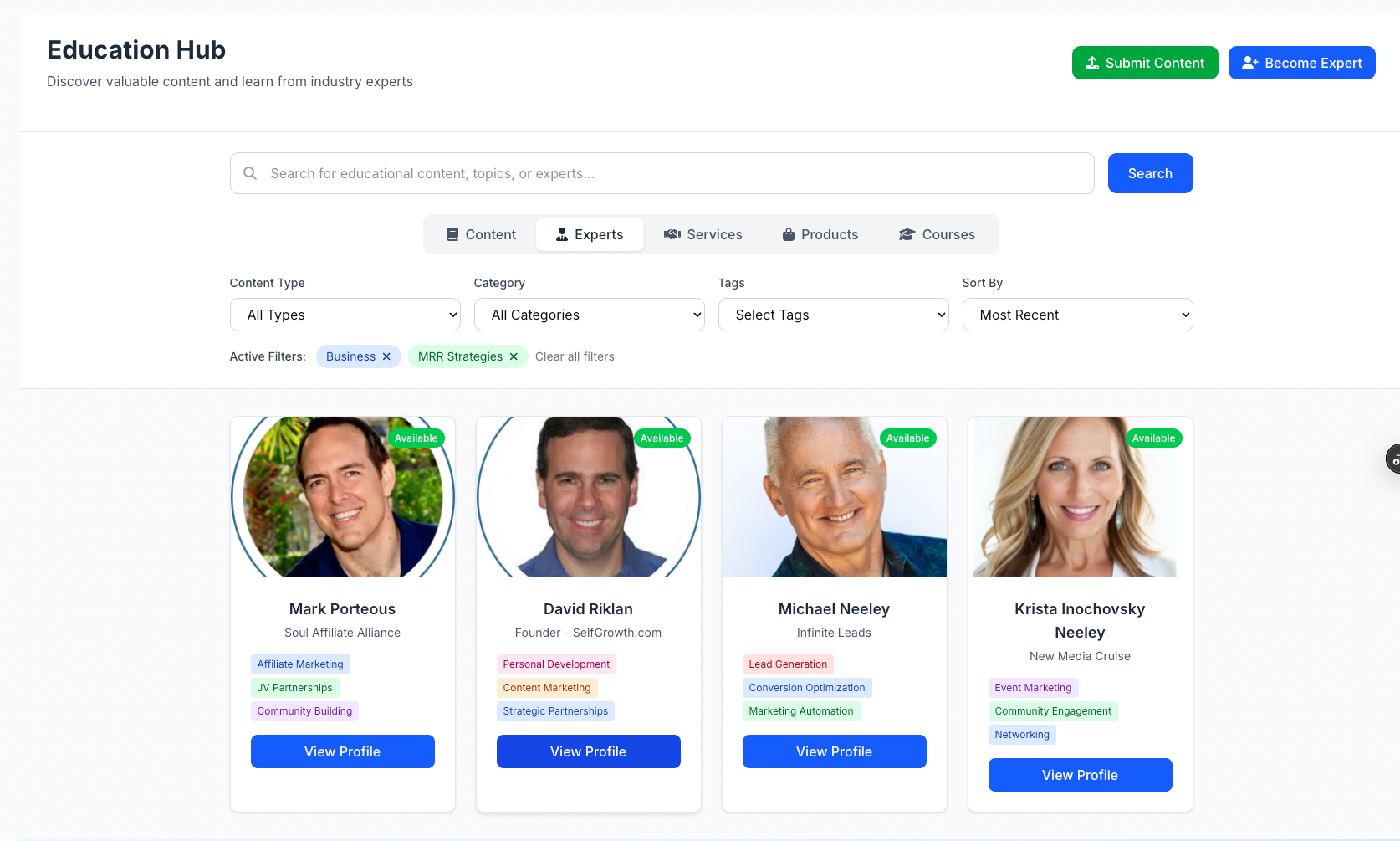 Education Hub experts directory showing featured industry professionals