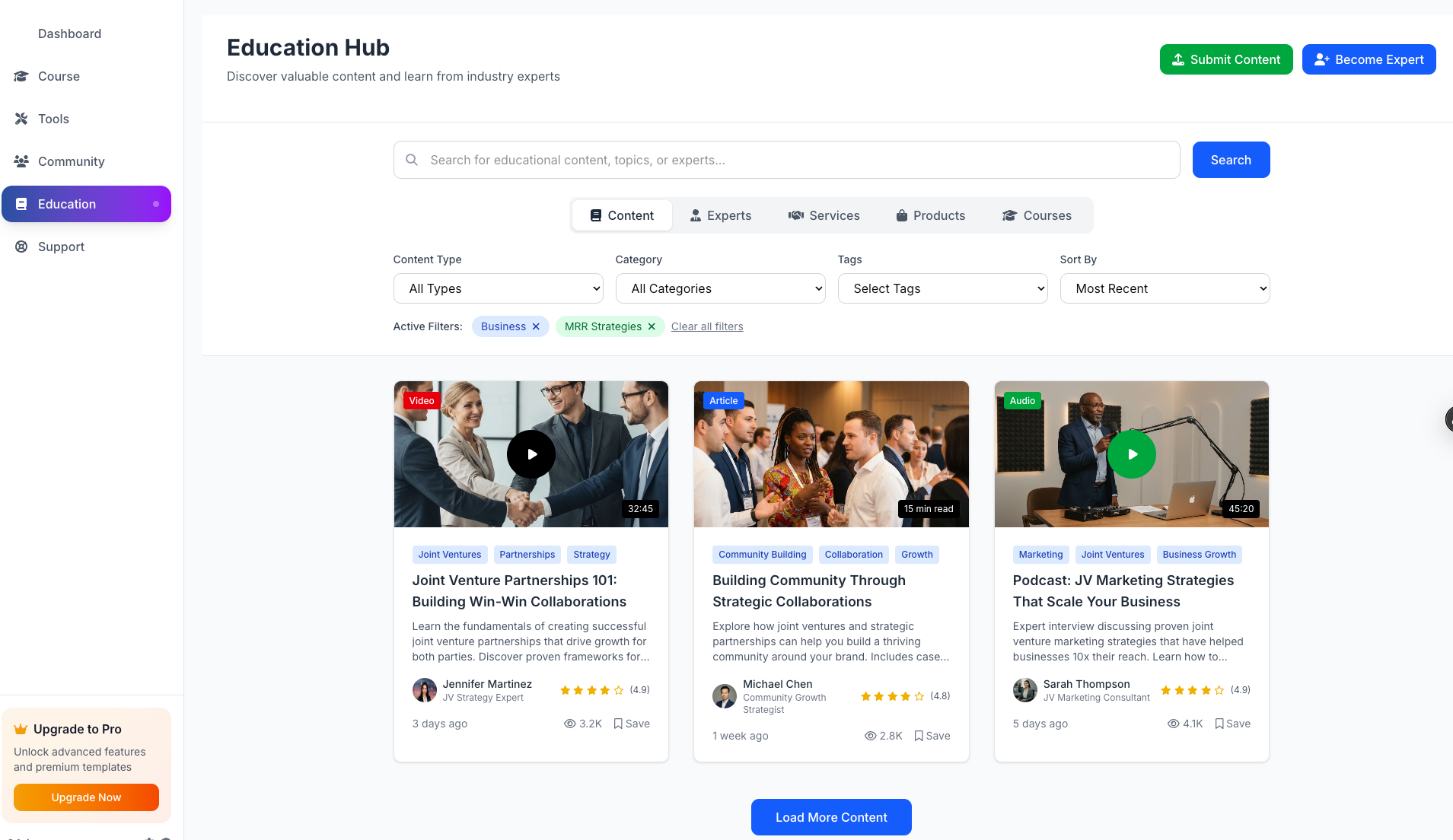 Education Hub showing content library with joint venture courses and articles