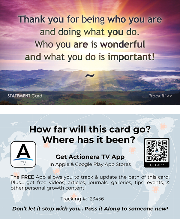 An Actionera Tracka'Connect card showing the front and back, used for viral sharing and tracking.